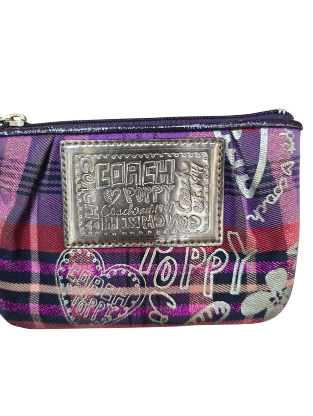 Coach Poppy Tartan Glam Purple Magenta Black Tote Bag And Wristlet   Set